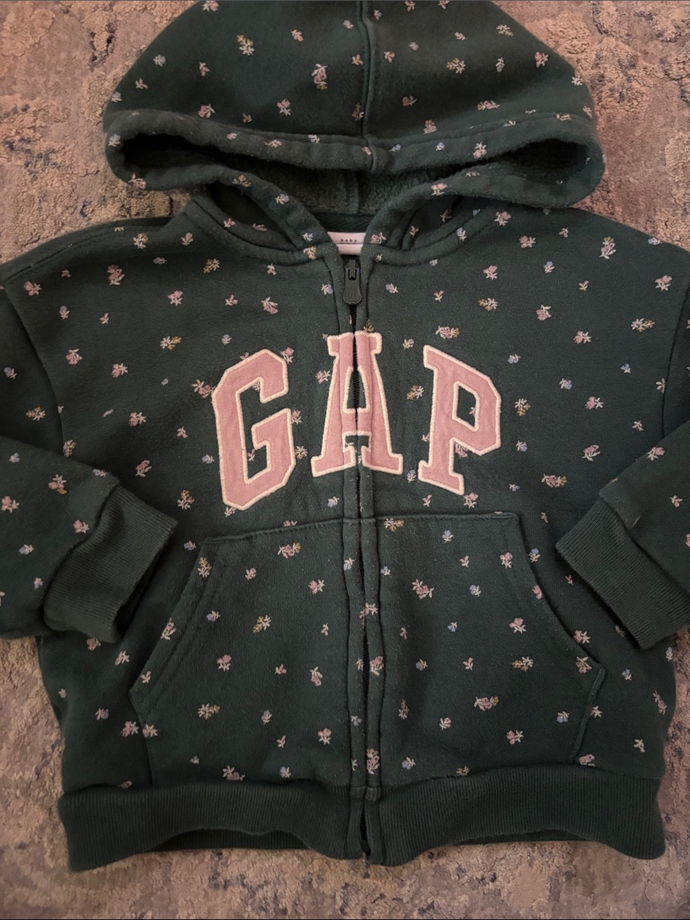 GAP Dark Green Floral Appliqué Zip Hoodie with Pink Logo